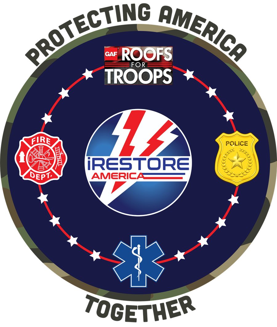 Protecting America Together — iRestore badge featuring GAF Roofs for Troops, fire, police and EMS emblems